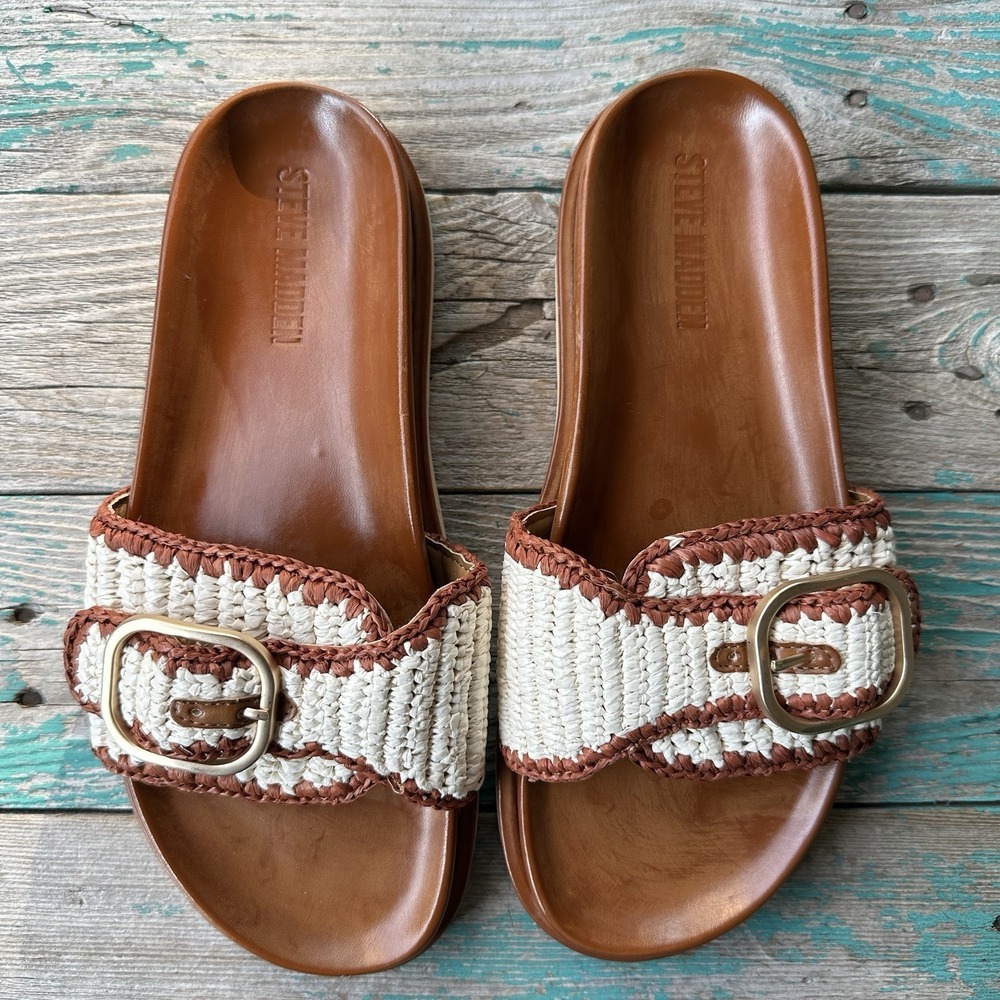 Steve Madden Memphis Raffia Sandals Women's Size 9 Cream Brown Crotchet Buckle